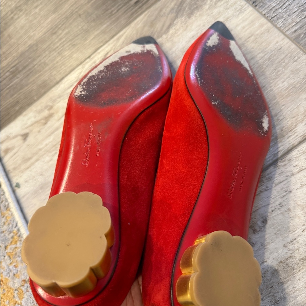 Salvatore Ferragamo Red Suede Pointed-Toe Flats - Picture 4 of 5
